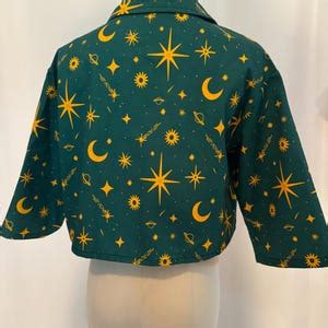 Celestial Babe Cropped Jacket Lightweight Retro Sun Moon Stars Planets Whimsical Aesthetic S