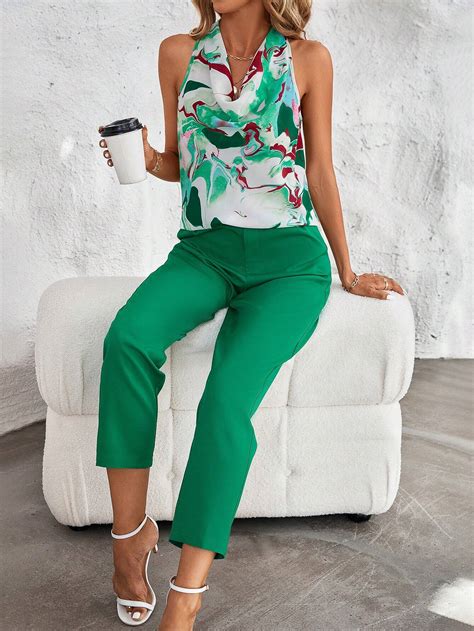 SHEIN Clasi Con Stampa Marmo Camicetta Tasca Inclinata Pantaloni