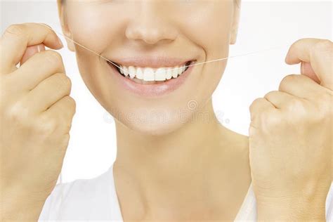 Dental Floss Woman Flossing Teeth Smiling Stock Image Image Of