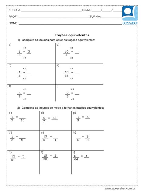 Frações Equivalentes Exercicios 6 Ano - Atividade de Matematica Fracoes Equivalentes 5 Ou 6 Ano