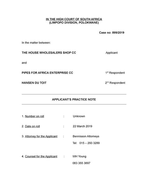 Practice Note Court Document IN THE HIGH COURT OF SOUTH AFRICA