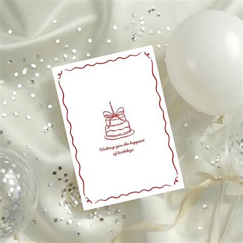 Vintage Aesthetic Printable Birthday Card, Minimalist Red Ribbon Cake