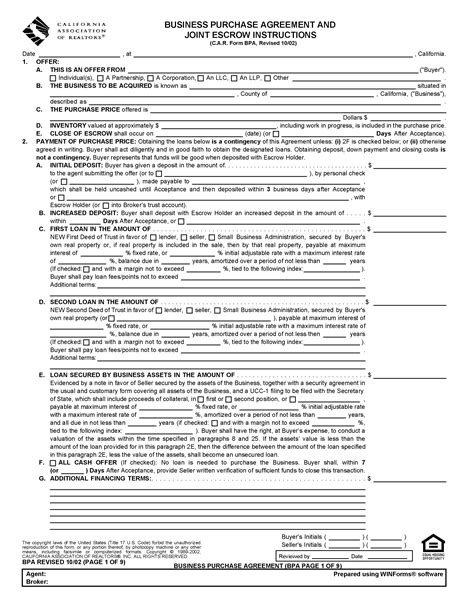 Free Business Purchase Agreement Bpa Template Pdf Word Eforms