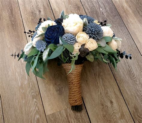 16pc Dusty Blue Navy Wedding Flowers Sola Wood Bridal Bouquet