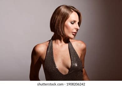 Sexy Blonde Woman Wearing Shiny Grey Stock Photo Shutterstock