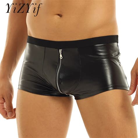 Men Sexy Lingerie Panties Wetlook Boxer Shorts Faux Leather Zipper Jockstraps Bulge Pouch Gay