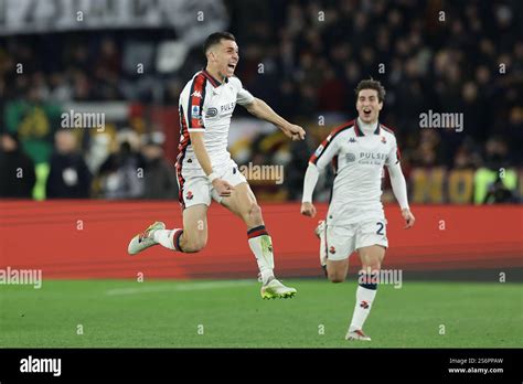 Genoa S Italian Midfielder Patrizio Masini Celebrates After Scoring A