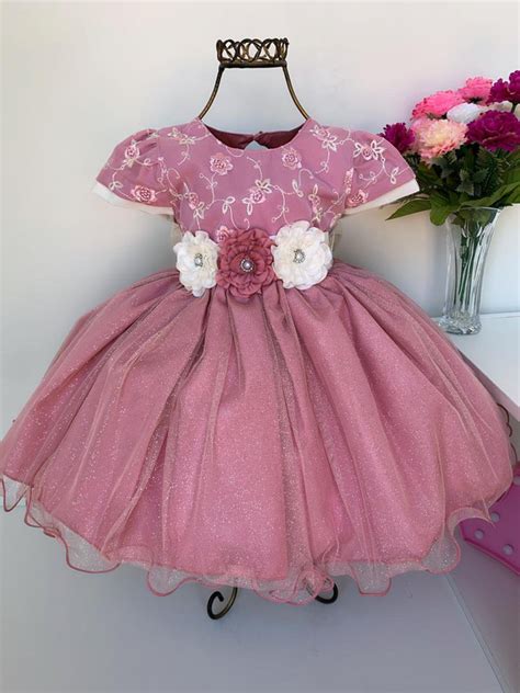 Vestido Infantil Nude Bebê Luxo Festa Aniversário Princesa Rosa Charmosa Atacado