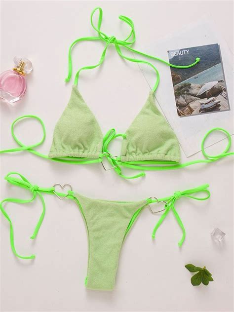 2022 Neckholder Bikini Set mit Herzdekor Grün M In Bikinis Online Store Best For Sale Emmiol