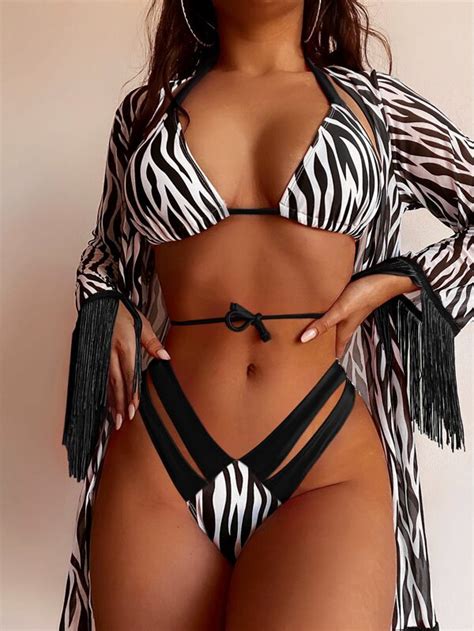 Shein Swim Vcay Zebra Striped Bikini Set Halter Triangle Bra Cut Out High Cut Bottom Fringe