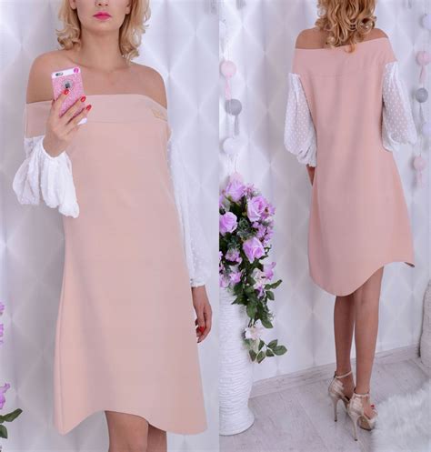 LUXUARY SUKIENKA BEŻ NUDE HISZPANKA RĘKAWY TIULOWE 9203138953 oficjalne archiwum Allegro