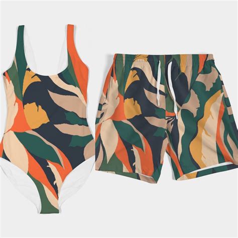 Matching Swimwear Set Swimsuit Bikini Trunks And Accessories For Couples Orange Jungle Print