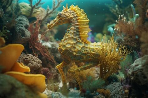 Premium AI Image | A seahorse is among the corals in the aquarium.