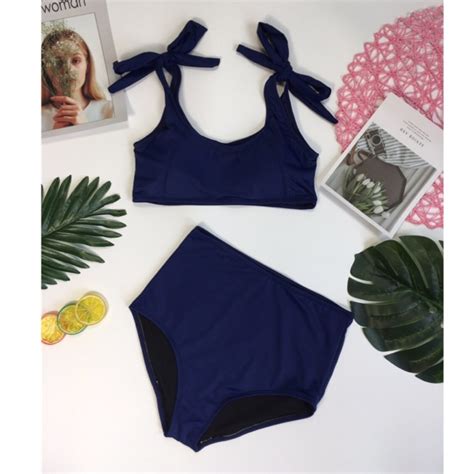 Đồ bơi nữ 2 mảnh dễ thương bikini đi biển xanh đen 2 dây nơ vai