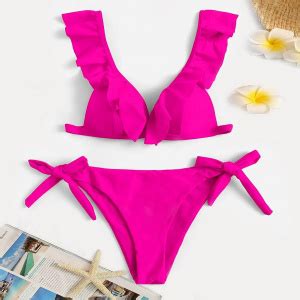 Women High Waist Bikini Set Ruffles Solid Color Swimwear Swimuit Female Retro Beachewear Bikini