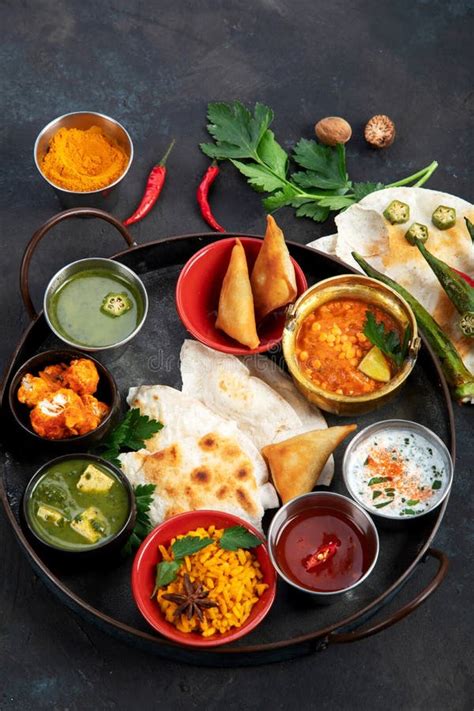 Indian Thali On Dark Background Stock Image Image Of Indian Masala