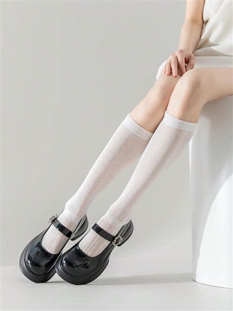 1 Pair Women S White Mesh Casual Long Socks With Pile Heap Design For