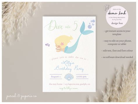 Digital Mermaid Birthday Invitation Simple Mermaid Birthday Invite