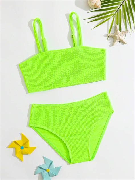 Niñas Bañador bikini liso Smocked Moda de Mujer SHEIN México