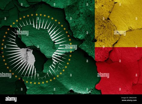 Flags Of African Union And Benin Painted On Cracked Wall Stock Photo