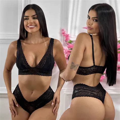 Lingerie Feminina Renda Sensual Sutiã Calcinha Fio Dental Parcelamento sem juros