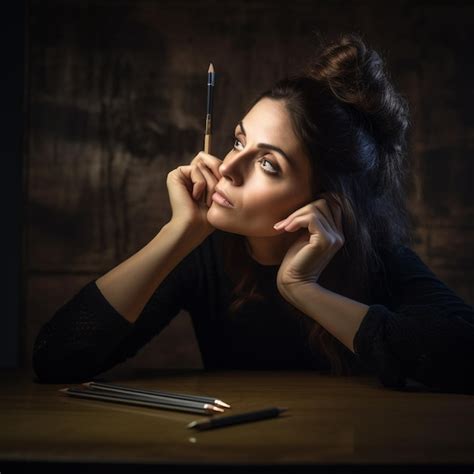 Premium Ai Image A Woman Is Sitting At A Table With A Pen And A Pen