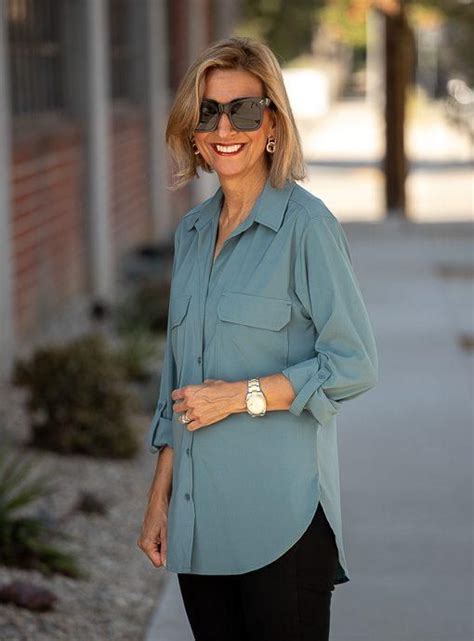 Dusty Blue Shirt With Two Chest Pockets Blue Shirt Tops Women