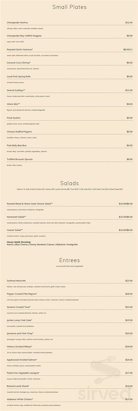 John Wright Restaurant menu in Wrightsville, Pennsylvania, USA