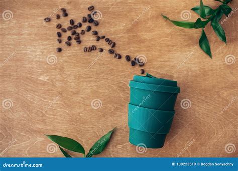 Zero Waste Concept Flat Lay Stylish Reusable Eco Coffee Cup On Wooden