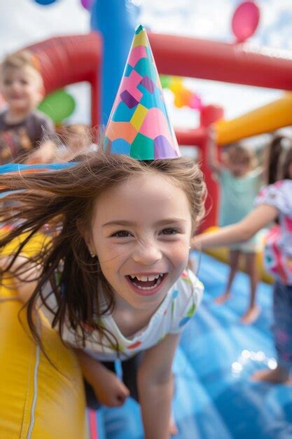 There Is A Young Girl Wearing A Party Hat On A Bouncy Generative Ai