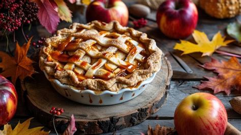 Premium Photo Caramel Drizzle Apple Pie Against A Fall Harvest Scene