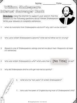 William Shakespeare Internet Scavenger Hunt Digital Google Slide Or Print