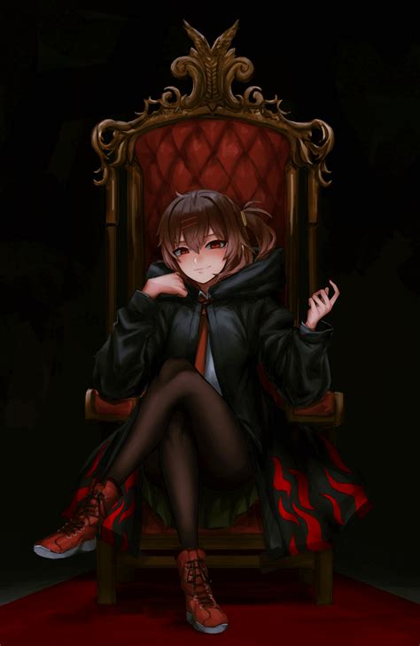 Safebooru 1girl Black Coat Black Pantyhose Boots Brown Hair Chair