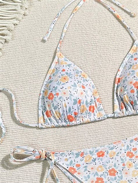 SHEIN Maternity Halter Neck Floral Print Bikini Set String Beach Outfit Bathing Suit Summer