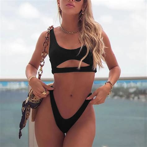 Bikini Unicolor Con Realce Para Mujer Ba Ador Sexy De Cintura Alta Ropa De Playa Traje