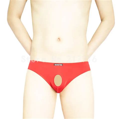 Men S Front Hole Open Comfortable Ice Silky Bikini Briefs Men Panties Underwear M L XL In