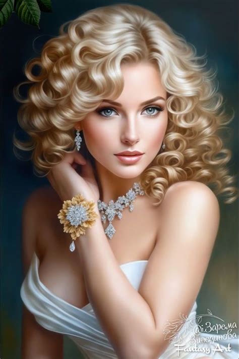 A Painting Of A Woman With Blonde Hair Wearing A White Dress And Diamond Bracelets