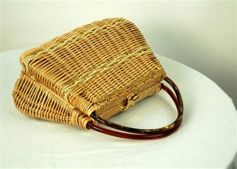 1960s Wicker Handbag Two Tone Lucite Handles Natural Color Etsy Fur