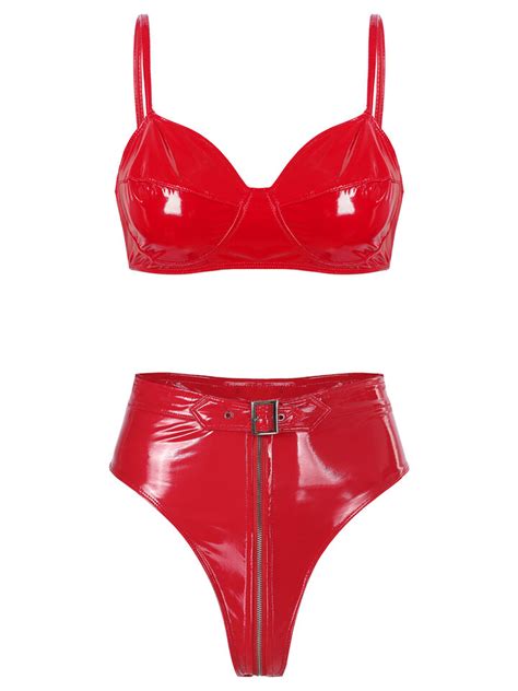 Womens Wet Look Pvc Leather Lingerie Set Bra Top With High Waist Briefs Clubwear Ebay