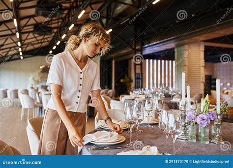 Blonde Decorator With Wavy Hair Arranging Stock Photo Image Of Female Dishware 291870170