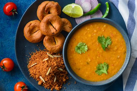 dal baati churma   renowned rajasthani dish baati prepared  pure