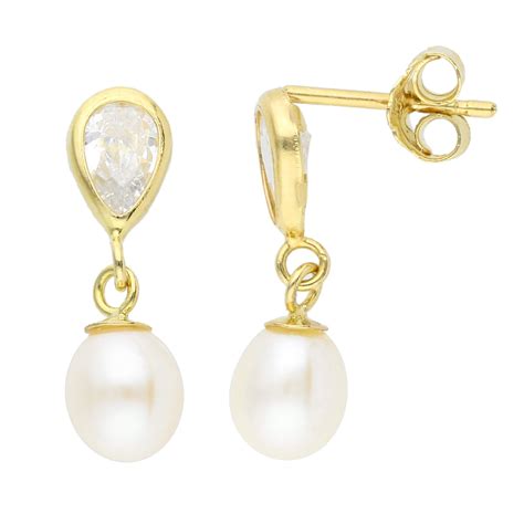 Ct Yellow Gold Fresh Water Pearl Cubic Zirconia Drop Earrings Buy