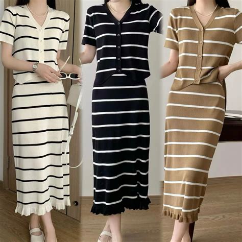 Miss M Knitted Stripe Button Down Top & Skirt Coords Terno Set 791 ...