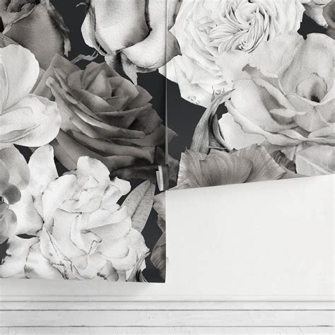 Floral Wallpaper With Large-scale Roses in Black and White - A838 - Etsy
