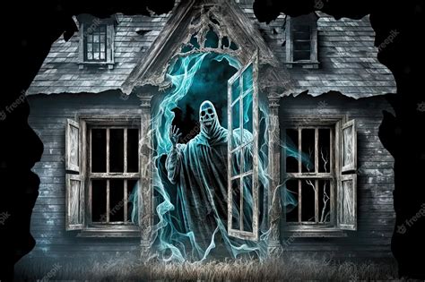 Premium Photo Old Haunted House With Scary Ghost Skeleton In Windows