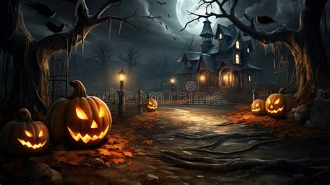 Halloween Design Background With Spooky Graveyard Naked Trees Graves And Bats And Copyspace
