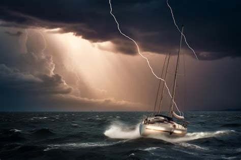 Premium Ai Image A Sailboat Is Sailing In A Stormy Sea With Lightning