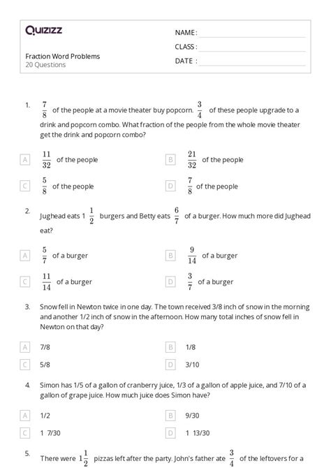 Fraction Word Problems Worksheets For Th Grade On Quizizz Free