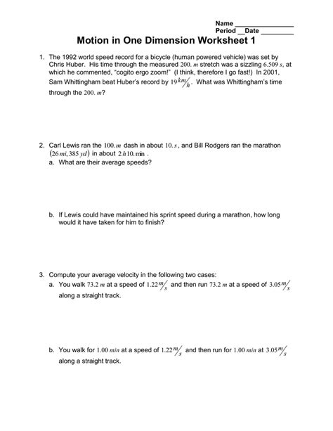 Motion In One Dimension Worksheet Organicify