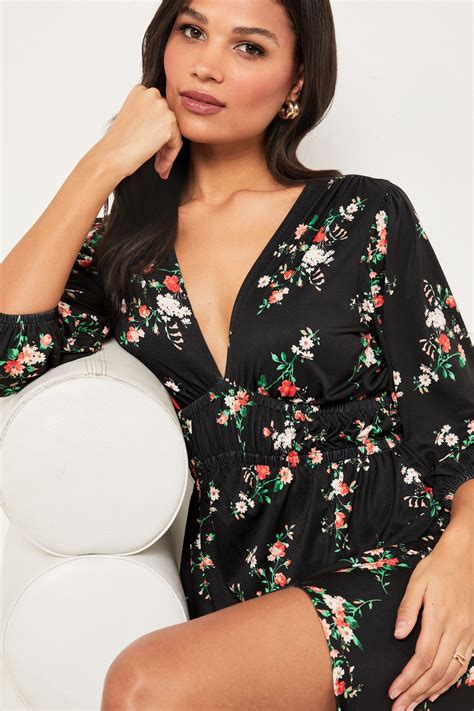 Buy Lipsy Black Floral Petite Jersey Long Sleeved Channelled Waist Midi